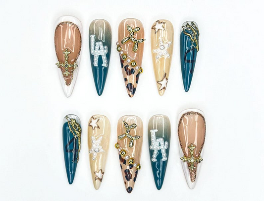 LA Safari Luxe Press On Nails | Western Pearl Letter Nails | Leopard & Cross Charm Nail Art | Glam Cowgirl Vibe | Edgy 3D Stiletto Nail Set