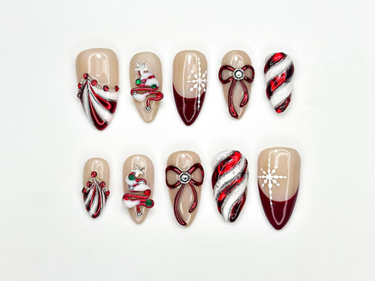 Christmas Candy Cane Press On Nails by DoryNails • Red Chrome Bow & Snowflake Nail Art • Holiday Party Nails • Gift for Her • HB1188BC
