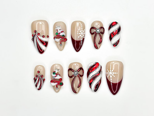 Christmas Candy Cane Press On Nails by DoryNails • Red Chrome Bow & Snowflake Nail Art • Holiday Party Nails • Gift for Her • HB1188BC