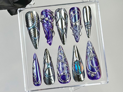 Gothic Chrome Press On Nails | Holographic Gothic Fake Nails | Metallic Stiletto Nail Art | Alternative Cyberpunk Nails | Y2k Nails |HC771YC