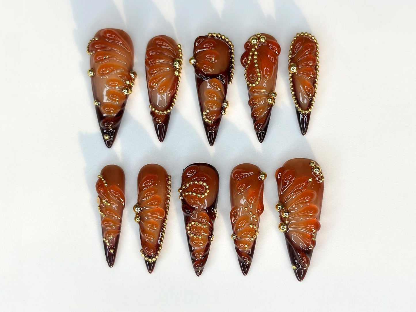 Amber Fall Press On Nails | Brown & Gold Ombre Nail Art | 3D Swirl Nails | Luxury Long Stiletto Nails | Elegant Glam Press Ons | JB174HC