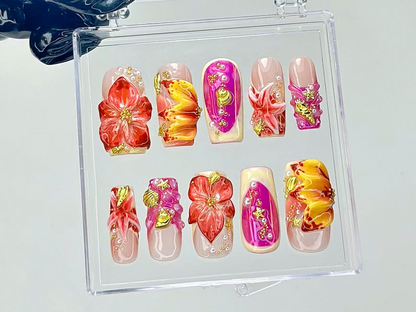 Tropical Hibiscus Press On Nails | 3D Floral Summer Fake Nails | Summer Bloom Nail Art | Sunset Color Bloom Kawaii Nails | 3D Nails |HB932YC