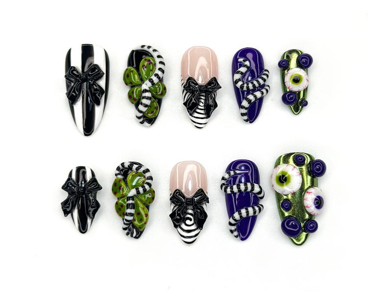 Monster Ribbon Press On Nails | Beetlejuice-Inspired Nail Art | Green & Purple 3D Eyes Design | Black Bow Striped Nails |HB1165BC