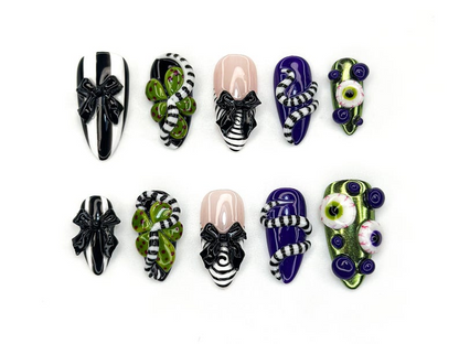 Monster Ribbon Press On Nails | Beetlejuice-Inspired Nail Art | Green & Purple 3D Eyes Design | Black Bow Striped Nails |HB1165BC