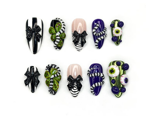 Monster Ribbon Press On Nails | Beetlejuice-Inspired Nail Art | Green & Purple 3D Eyes Design | Black Bow Striped Nails |HB1165BC