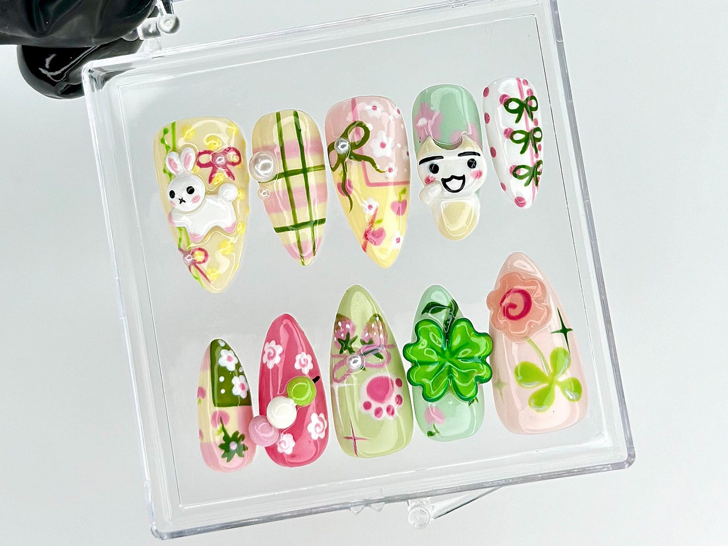 Kawaii Cute Press On Nails by DoryNails | Pastel Bunny Clover 3D Press Ons | Sakura Bunny Fake Nails | Kawaii Spring Nail Art | HB827YC