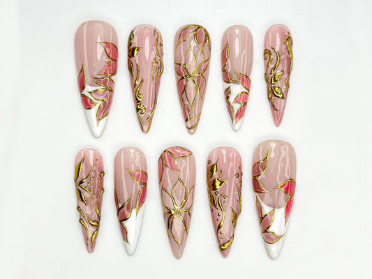 Elegant Pink Press On Nails | Blush Floral Nail Art | 3D Gold Vine Nails | Romantic Wedding Nails | Handmade Luxury Press Ons| JC842H