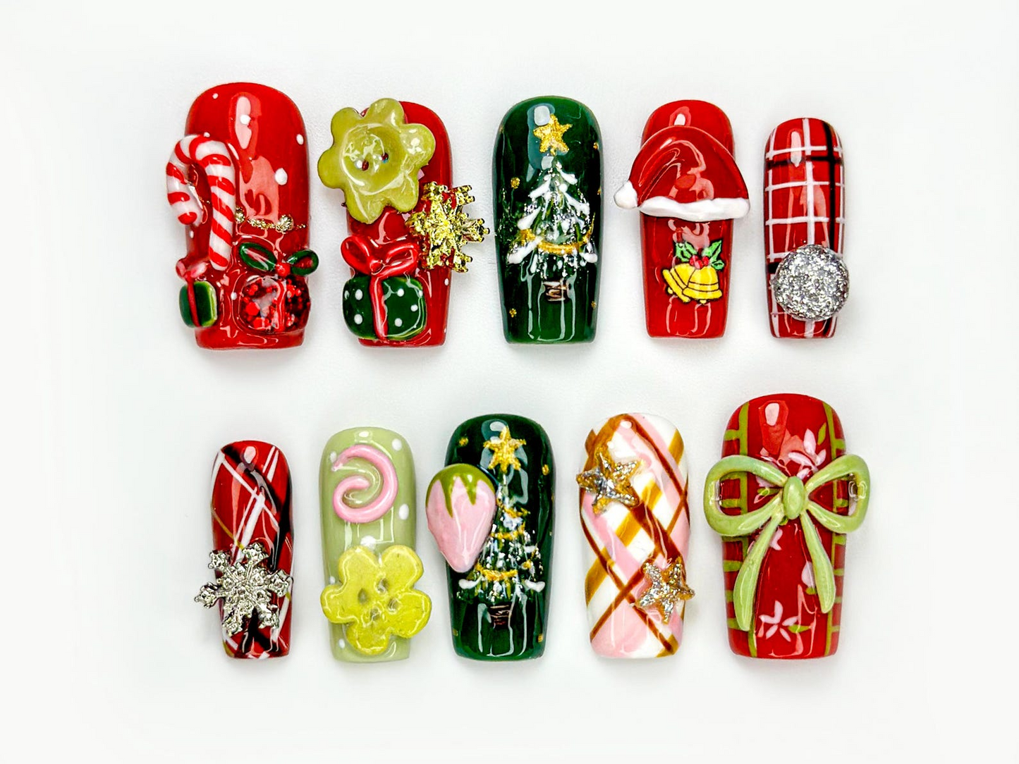 Gift Garden Press On Nails For Christmas |Festive Winter Nail Art | Christmas Tree & Bow Nails | Red Green Holiday Press Ons | JB229EC