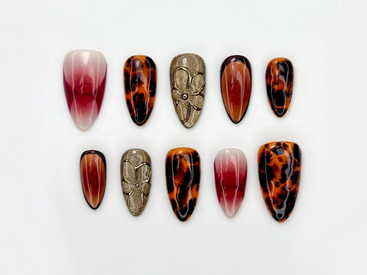 Autumn Burgundy Tortoiseshell Press On Nails | Gold Orchid Accent Nails | Gradient Fall Nail Art | Elegant Autumn Nail Set | JB187EC