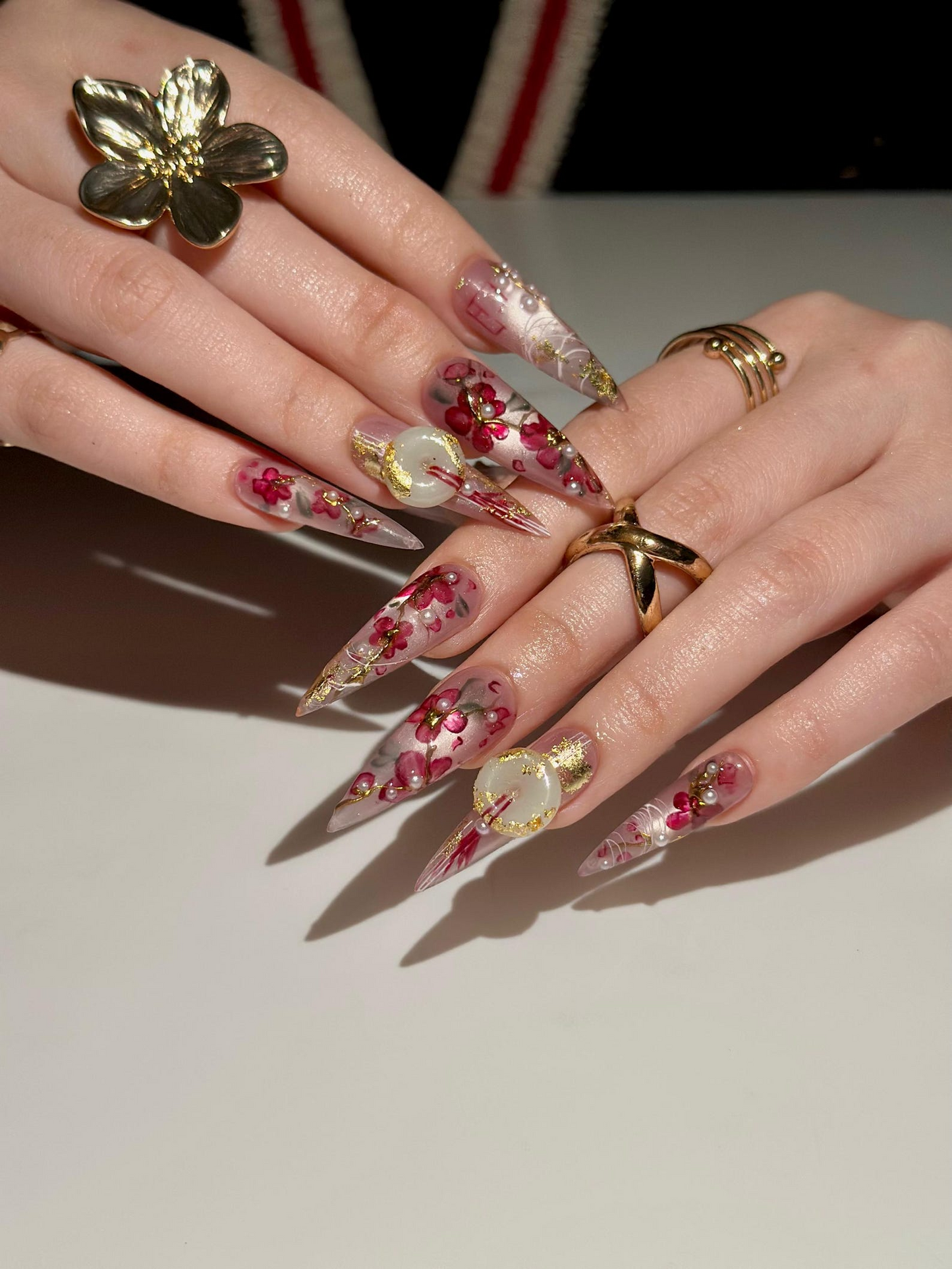 Handmade Cherry Blossom Press On Nails, Asian Inspired Luxury 3D Jade and Gold Leaf Nails, Elegant New Year Luxury Fake Nails, DB1021HC