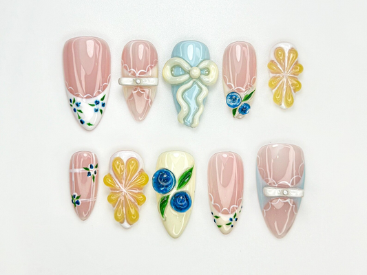 Lace French Tip Press On Nails | Blueberry Floral Nails | Kawaii Vintage Ribbon Nail Art | 3D Bow Pink Press Ons | Pastel Nails | JC886HC