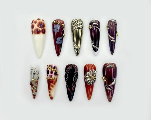 Autumn Baroque Elegance Press On Nails | Fall Burgundy & Bronze Nail Art | 3D Flower And Metallic Accents | Gothic Fall Design | HC1092EK