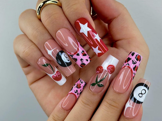 Retro Cherry Leopard Press On Nails | 8 Ball & Red Star Nail Art | Pink Leopard Print Nails | Handmade Pop Art Nail Set | JB115EC