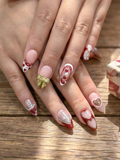 Press On Nails Adhesive Tabs – Nude Red Heart & Glitter Bow Design Long Almond Handmade Fake Nails for Valentine Gift