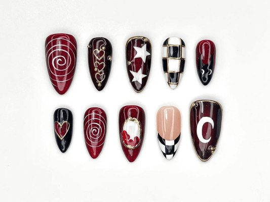 Gothic Carnival Press On Nails | Red Black Swirl & Heart Nail Art | Checkerboard Gothic Nail Set | Handmade Cosplay Nails | JC1149BC