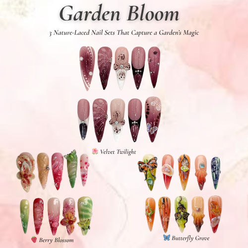 Garden Bloom Nail Bundle | 3 Nature-Inspired Press On Sets | Velvet, Berry, Butterfly Designs