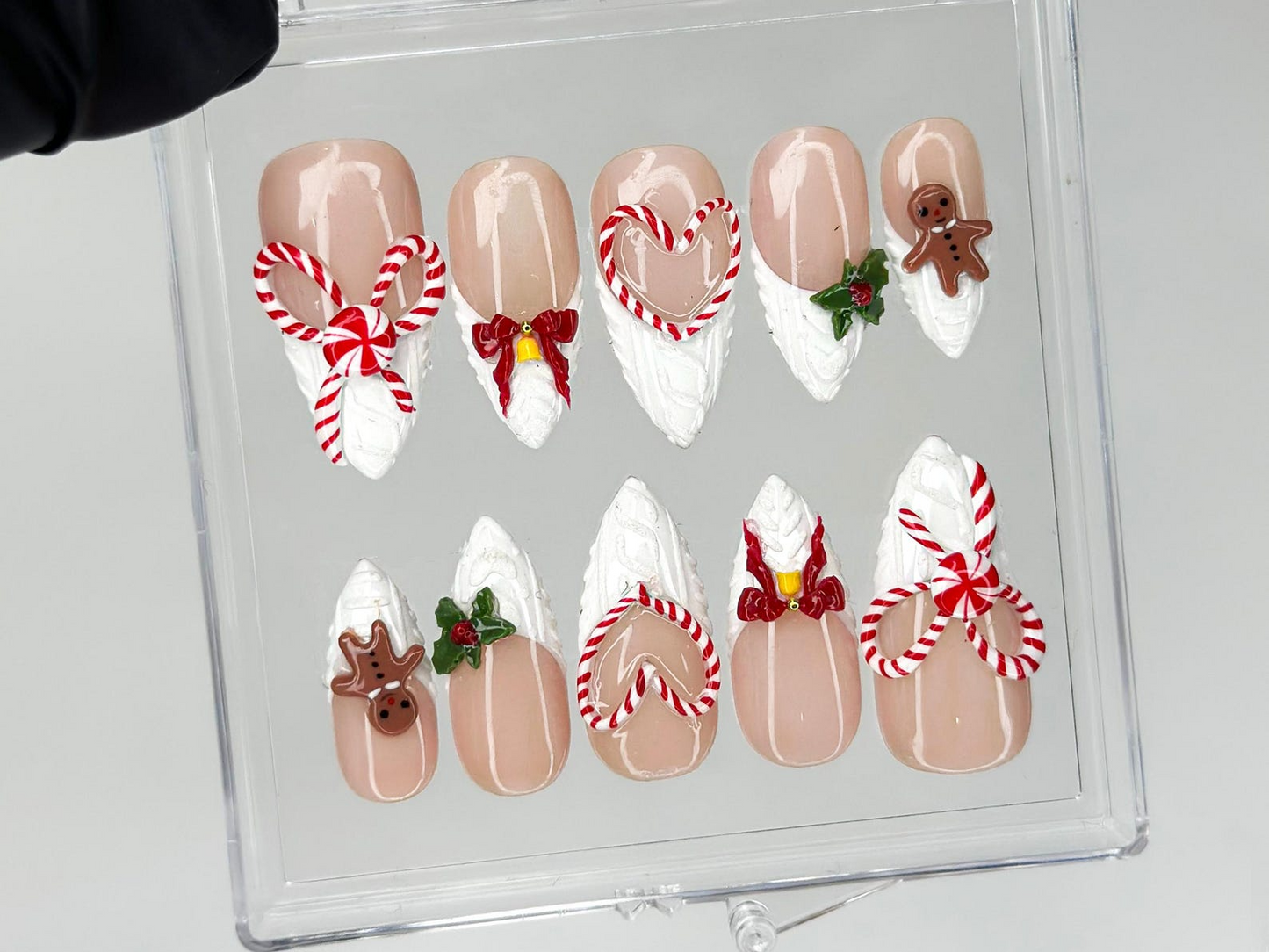 Winter Wonderland Press On Nails For Christmas | 3D Christmas Cookie Nail Art | Red White Holiday Nails | Gingerbread & Bow Press Ons | HB1197HC
