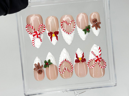 Winter Wonderland Press On Nails For Christmas | 3D Christmas Cookie Nail Art | Red White Holiday Nails | Gingerbread & Bow Press Ons | HB1197HC