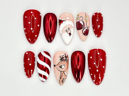 Press On Nails For Christmas | Santa, Reindeer and Holiday Ornaments Details | Christmas-Themed Nail Design l Festive Holiday Nail|JB548HC