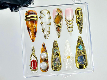 Gold Sculpture Press On Nails | Abstract Luxury Fake Nails | Metallic Stone Look Nail Art | Gold Detail Acrylic Nails |Luxury Nails |HB905YC