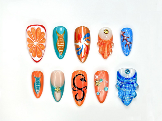 Ocean Breeze Summer Press On Nails | 3D Seashell & Starfish Accents | Citrus Orange Slice Art | Underwater Marine Theme | HB1041E