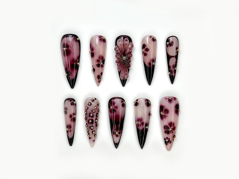 Fall Rose Luxe Press On Nails | Pink & Brown Autumn Glam Nails | 3D Bow and Rose Accents | Elegant Metallic Nail Design | HB1099EK