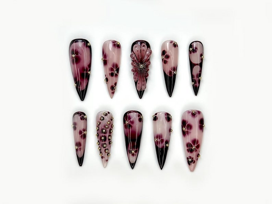 Fall Rose Luxe Press On Nails | Pink & Brown Autumn Glam Nails | 3D Bow and Rose Accents | Elegant Metallic Nail Design | HB1099EK