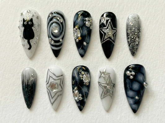 Gothic Black Cat Galaxy Press On Nails for Bold Girls | Handmade Silver Star Fake Nails | Dark Smoky Crystal Nail Art | JB286E