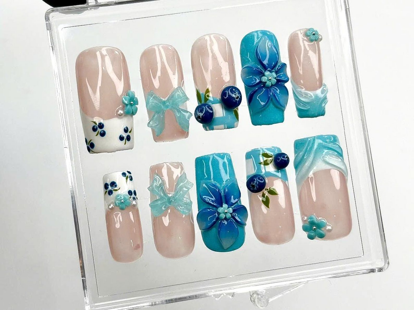3D Blue Flower Press on Nails | Elegant Blue Floral Nail Art | Handmade Summer Nails | Gift for her | Summer Vibes | Beach nails | HB967DK