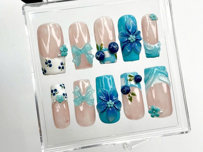 3D Blue Flower Press on Nails | Elegant Blue Floral Nail Art | Handmade Summer Nails | Gift for her | Summer Vibes | Beach nails | HB967DK