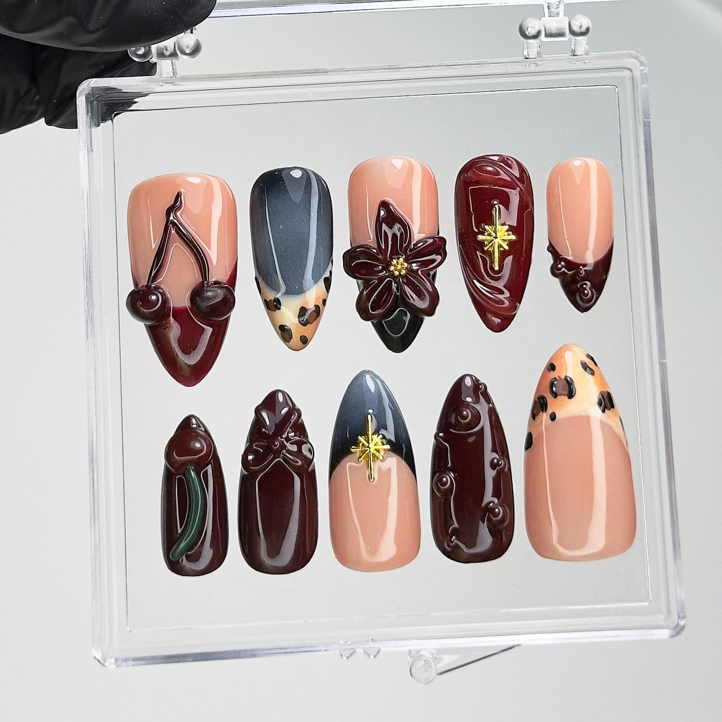 Cherry Blossom Burgundy Press On Nails | 3D Cherry Fake Nails | Dark Red Leopard Nail Art | Leopard Print Press Ons | Luxury Nails | HC708YK