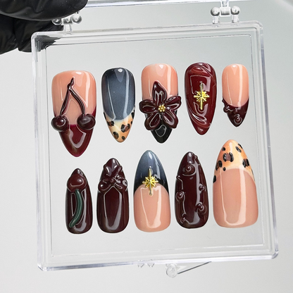Cherry Blossom Burgundy Press On Nails | 3D Cherry Fake Nails | Dark Red Leopard Nail Art | Leopard Print Press Ons | Luxury Nails | HC708YK