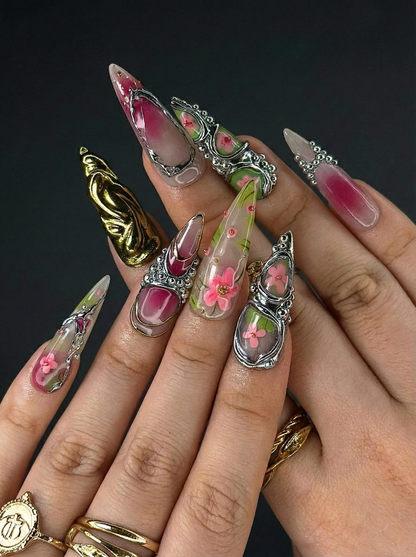 3D Luxury Floral Press On Nails | Flower Gold Chrome Nails | Handmade Statement Nail Art | Elegant Long Press Ons | HB997GK