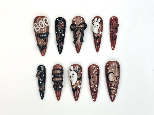 Boo Ghost Bunny Press On Nails | Cute Halloween Nail Set | Handmade Brown Nude Nails | Spooky Fun 3D Bow Nail Art | HC1155BC