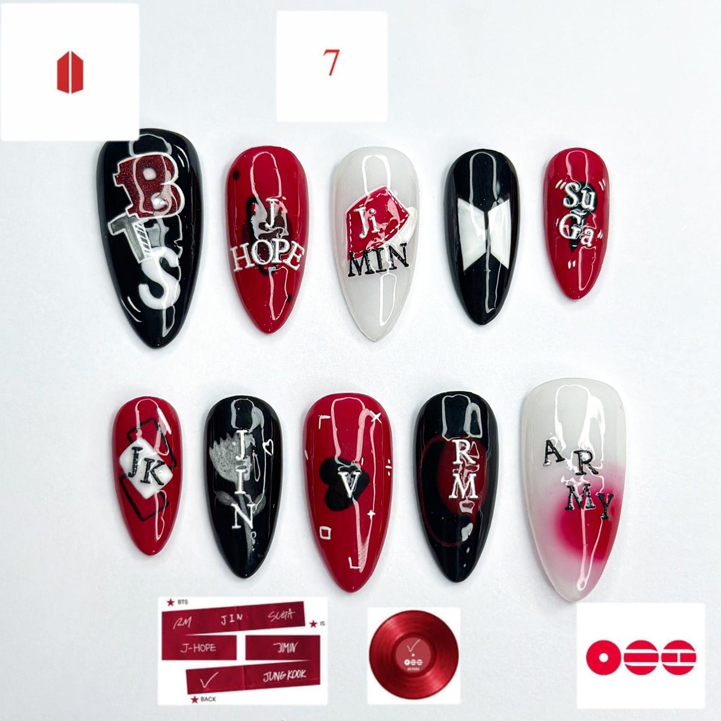 Red Black Kpop Press On Nails | Kpop Inspired Nail Art | Concert Aesthetic Almond Nails | Edgy Graphic Press Ons | Kpop Fan Nails | OB384HC