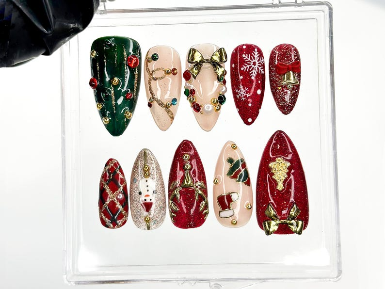 Luxe Christmas Press On Nails | Red Green Gold Christmas Nails | 3D Bow & Bell Nail Art | Festive Winter Press Ons | Christmas Set| HB1208H