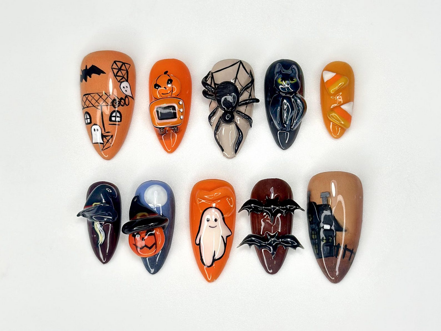 Haunted Night Press On Nails | Halloween Ghost Bat & Spider Nails | Pumpkin Candy Corn Nail Art | Handmade Stiletto Nails | JB176H