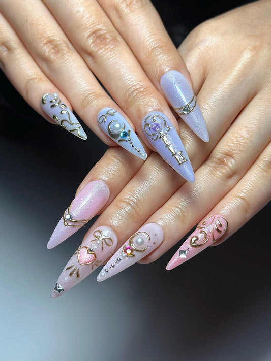 Pastel Cat Eye Press On Nails | Pink Purple Ombre Nails | Cute Heart Bow Nail Art | Elegant Gold Detail Nails| Fairycore Press Ons| HC1307HC