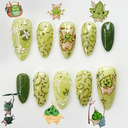Korok Forest Press On Nails | Legend of Zelda Inspired Nails | Cute Green Fantasy Nail Art | Korok Leaf Nails | Game Press Ons | JB325HC
