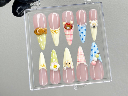 Cute 3D Cartoon Press On Nails | Pastel Kawaii Nail Art | 3D Bear Picnic Press Ons | Gingham Pastel Fake nails |Animal Kawaii Nails |HB990YK