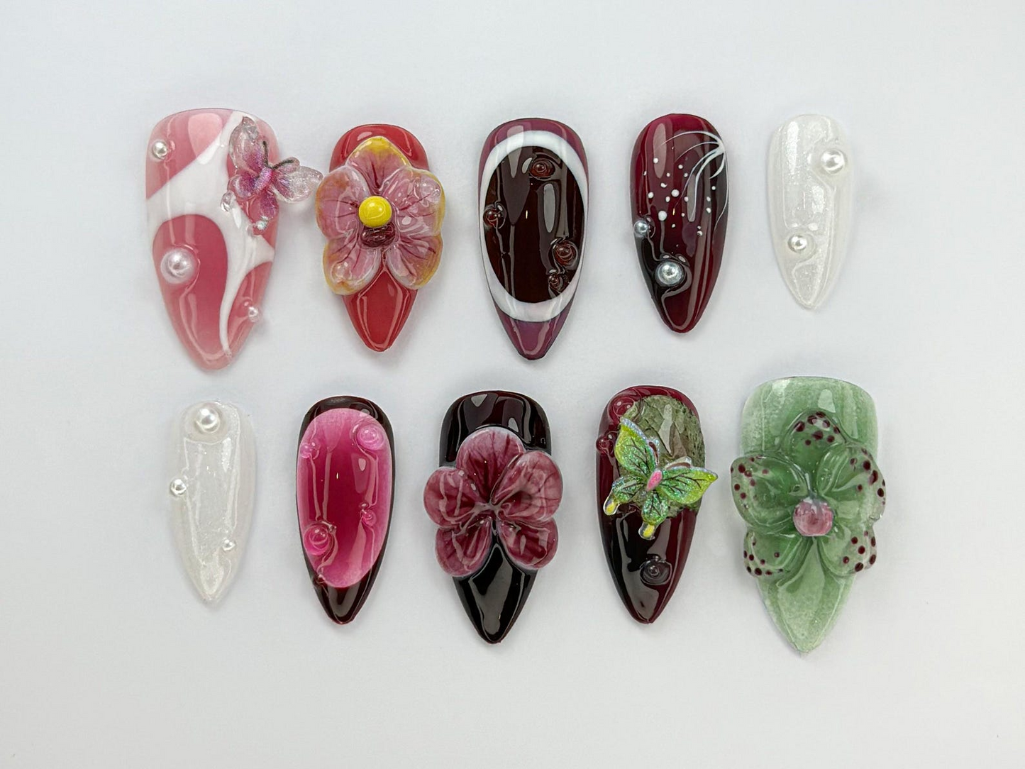 Burgundy Butterfly Press On Nails | Orchid Butterfly Nail Art | 3D Floral Luxury Nail Set | Dark Red Orchid Nails | Elegant Nails | JC743HK