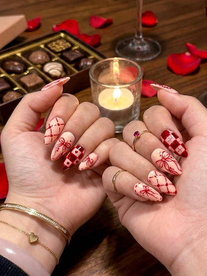 Sweetheart Bow Valentine Press On Nails | Heart Ribbon Romantic Nail Art | Red Gingham Love Nails | Cute Romantic Nail Set | JB274EC
