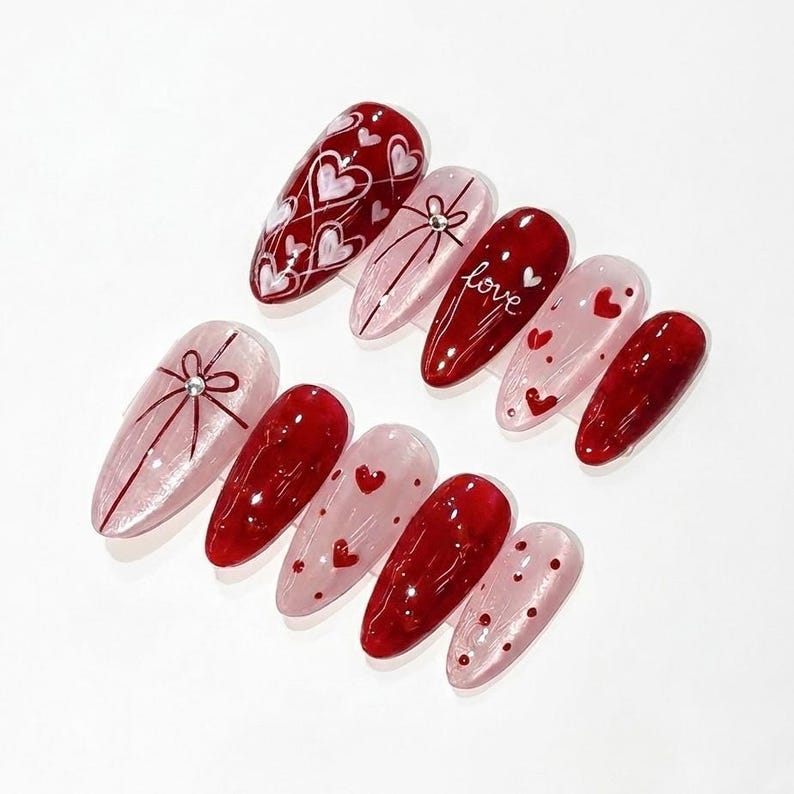 Valentine’s Day Heart Press On Nails | Red & Pink Romantic Nail Set | Handmade Gift for Girlfriend | Elegant Stiletto Fake Nails | HC999GC