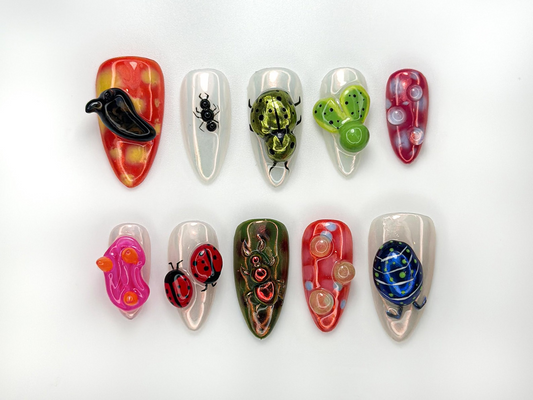 Creepy Cute Insect Press On Nails | 3D Bug Nail Art | Halloween Spider Ladybug Beetle Nails | Funky Mixed Bug Design| Bold Nail Set |JB970HK