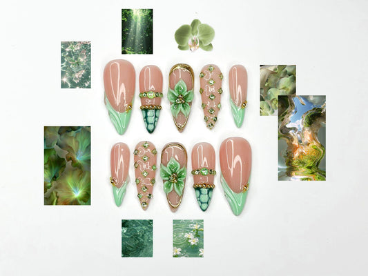 Jade Green Press On Nails with 3D Flower and Gold Detail | Elegant Floral Nails in Almond Shape | Luxury Nails | JC342NC