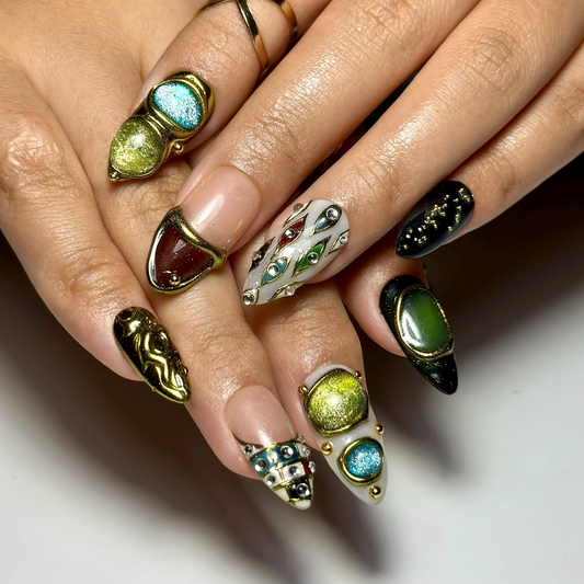 Opulent Jewel Press On Nails | 3D Gemstone Nail Design | Gold Frame Luxury Nail Art | Jewel Inspired Fake Nails | Elegant Nails | HB920YC