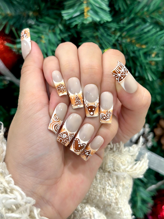 Gingerbread Cookie Christmas Press On Nails | Holiday Cookie Art Nails | Cute Christmas Gingerbread Set | Brown White Festive Tips | DC933EC
