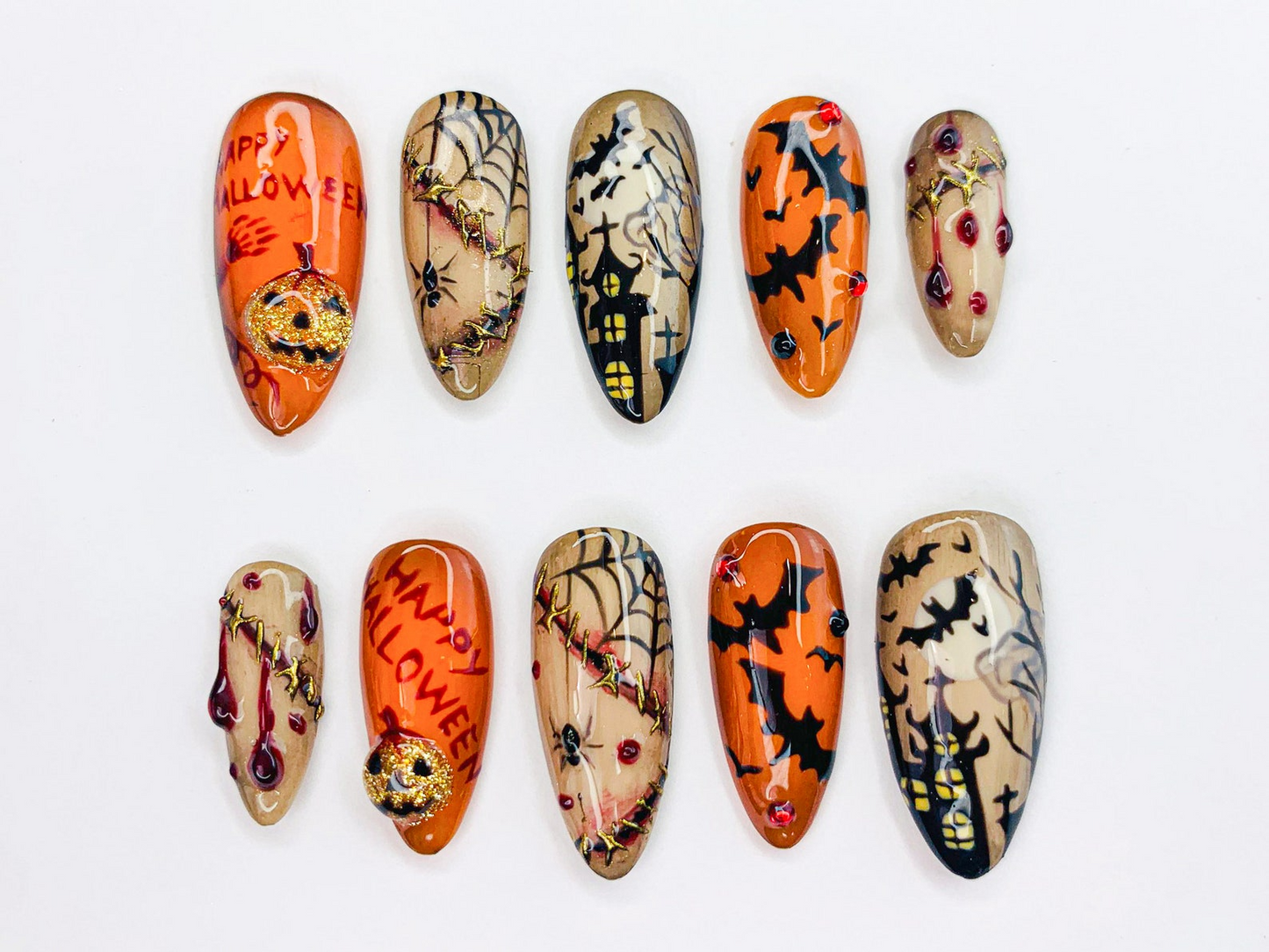 Combo Creepy Cute Halloween Nails | 3D Pumpkin, Ghost & Spider Web Nail Art | Handmade Haunted Press On Set