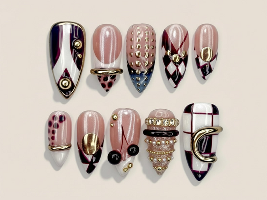 Gold Ring Luxury Press On Nails | Pearl Nude & Gold Hardware Nails | Luxury Gilded Almond Nail Art | High Fashion Jewelry Nail Set | JB296EC