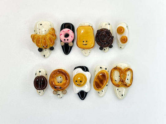 Breakfast Food Press On Nails | 3D Croissant Donut Nail Art | Toast and Egg Handmade Nails | Fun Foodie Nails | A1114K